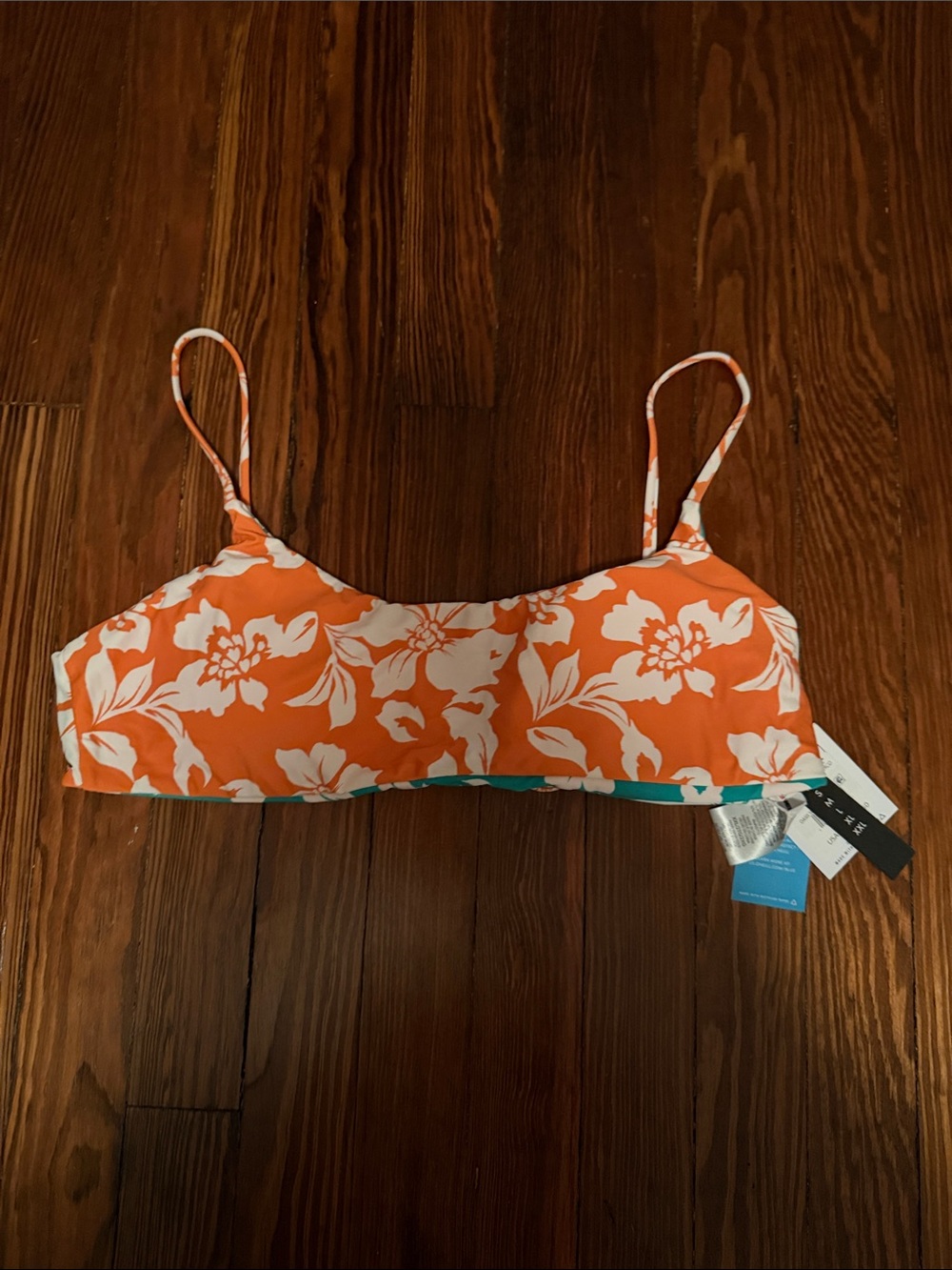 O'Neill Orange and White Floral Bandeau Bikini Reversible Top